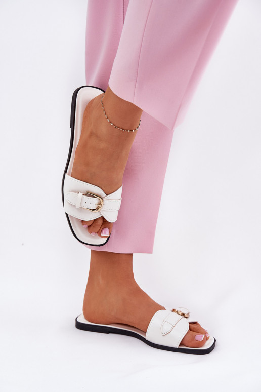 Flat Women's Sandals With Golden Buckle White Esiobb