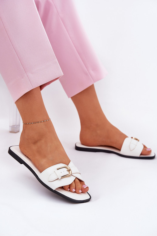 Flat Women's Sandals With Golden Buckle White Esiobb
