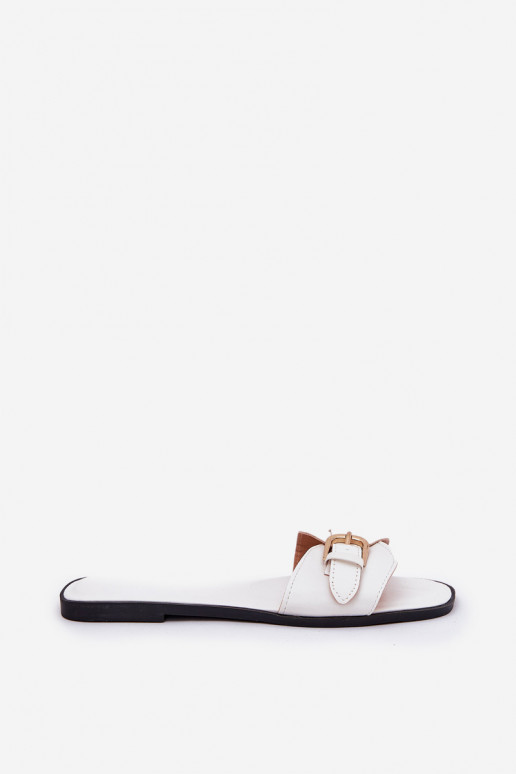 Flat Women's Sandals With Golden Buckle White Esiobb
