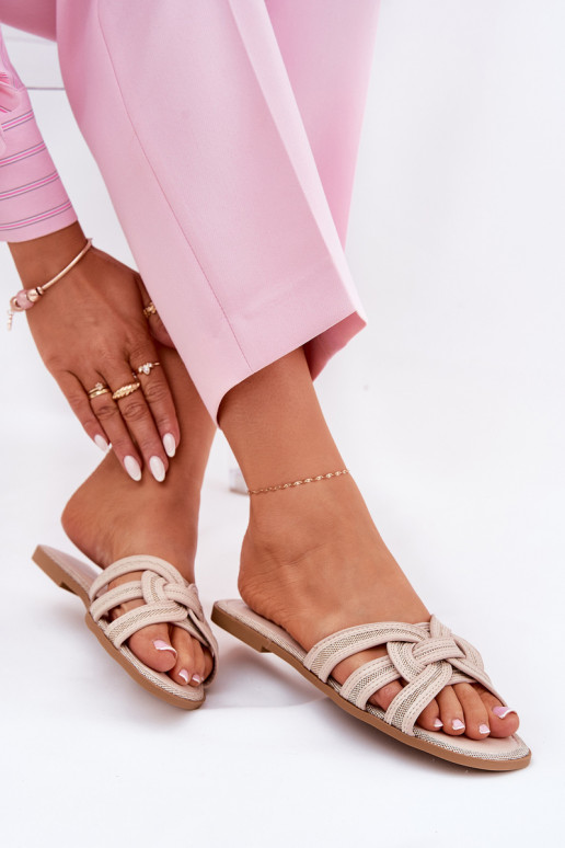 Klapki Damskie Płaskie Z Przeplatającymi Się Paskami Beżowe Acimine