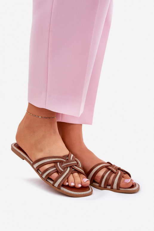 Ladies Flat Slippers With Intertwined Straps Brown Acimine