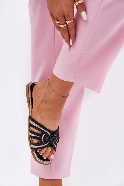 Klapki Damskie Płaskie Z Przeplatającymi Się Paskami Czarne Acimine