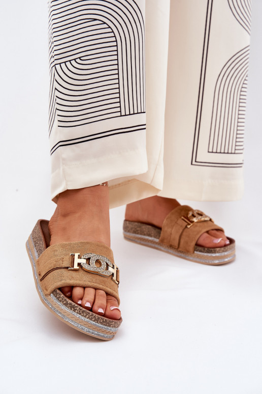 Women's Slippers With Gold Detail On Platform With Glitter Camel Eanes