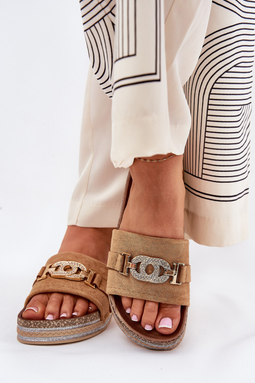 Women's Slippers With Gold Detail On Platform With Glitter Camel Eanes