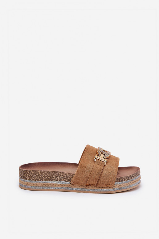 Women's Slippers With Gold Detail On Platform With Glitter Camel Eanes