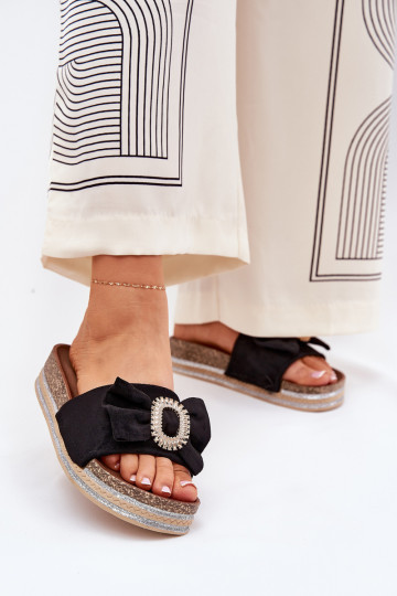 Womens Platform Sandals With Bow And Decorative Brooch Black Lenela