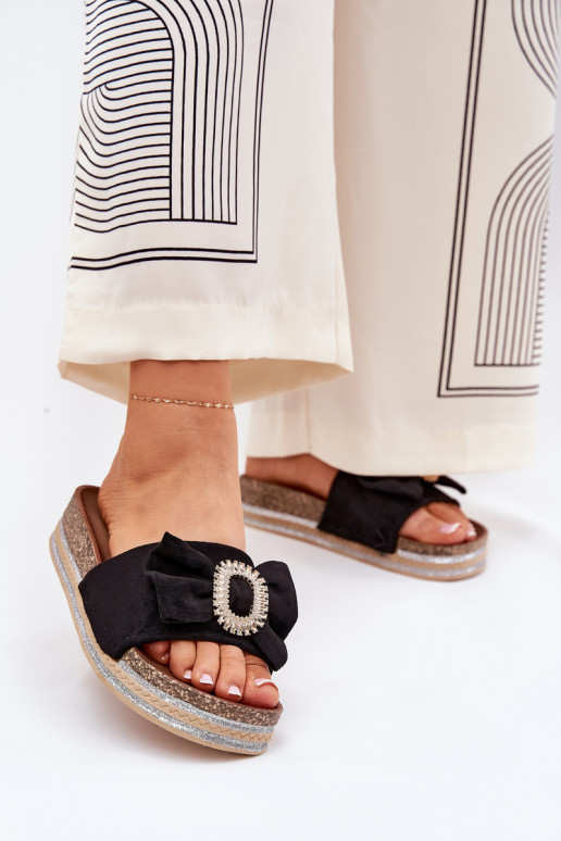 Womens Platform Sandals With Bow And Decorative Brooch Black Lenela