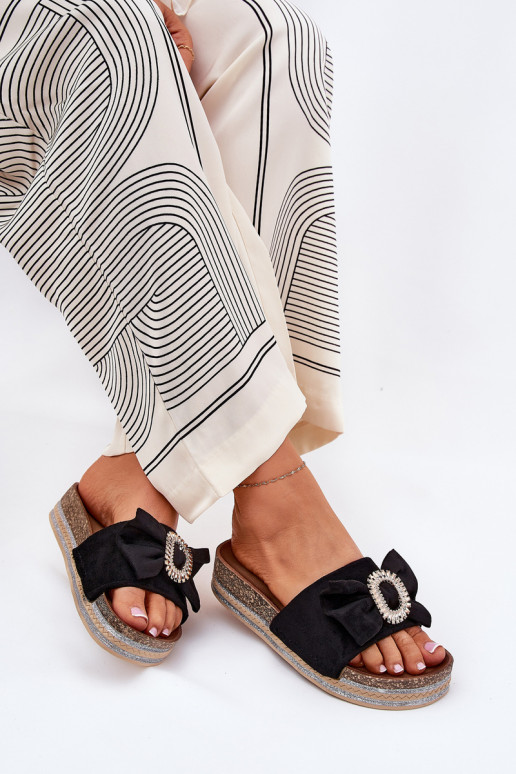 Womens Platform Sandals With Bow And Decorative Brooch Black Lenela