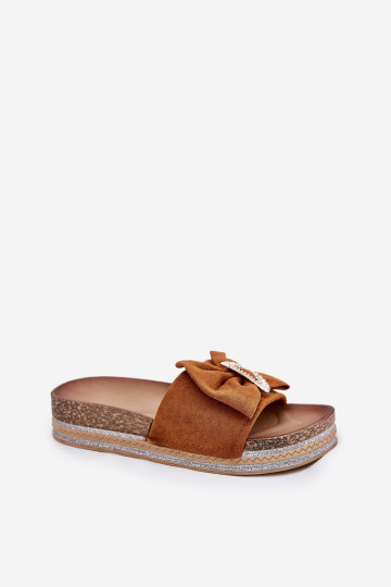 Ladies Platform Sandals With Bow And Decorative Brooch Camel Lenela 2