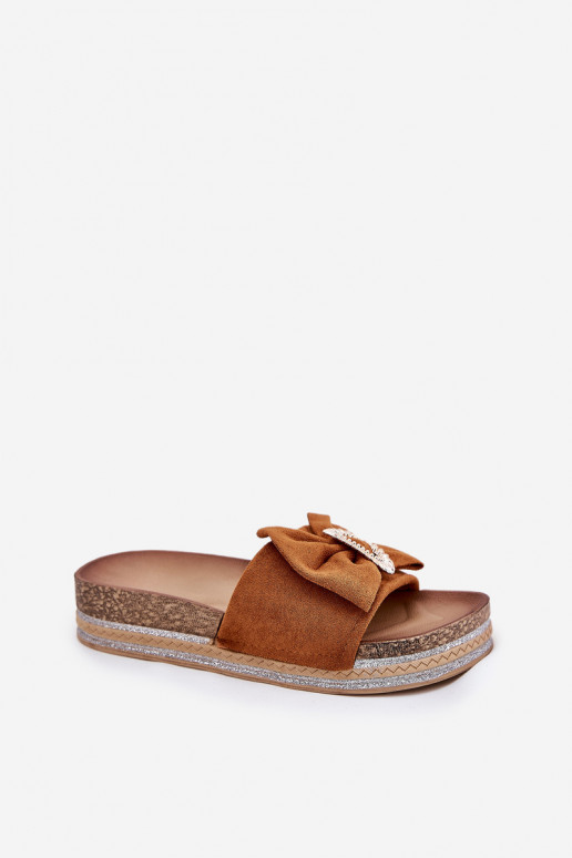 Ladies Platform Sandals With Bow And Decorative Brooch Camel Lenela