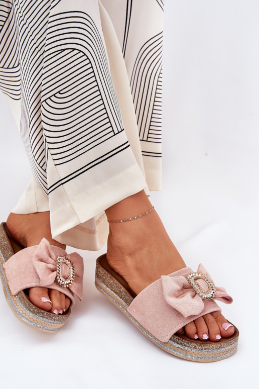 Women's Platform Slippers With Bow And Decorative Brooch Pink Lenela