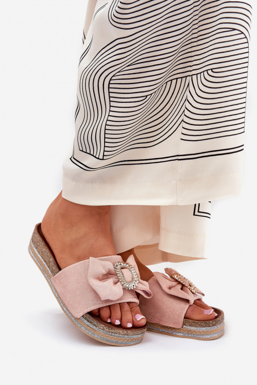 Women's Platform Slippers With Bow And Decorative Brooch Pink Lenela