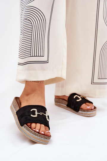 Womens Platform Sandals With Golden Decoration And Glitter Black Morisela