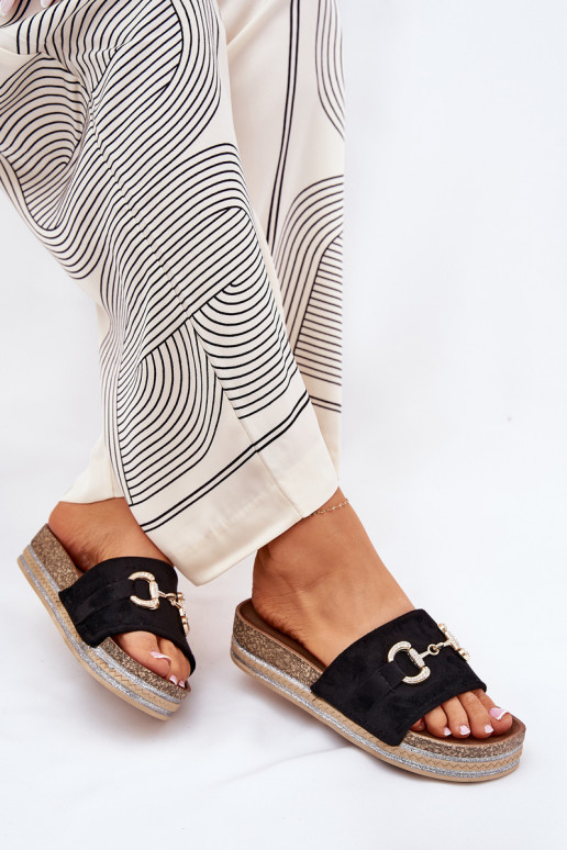 Womens Platform Sandals With Golden Decoration And Glitter Black Morisela