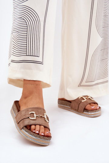 Ladies Platform Sandals With Gold Decoration And Glitter Khaki Morisela 2