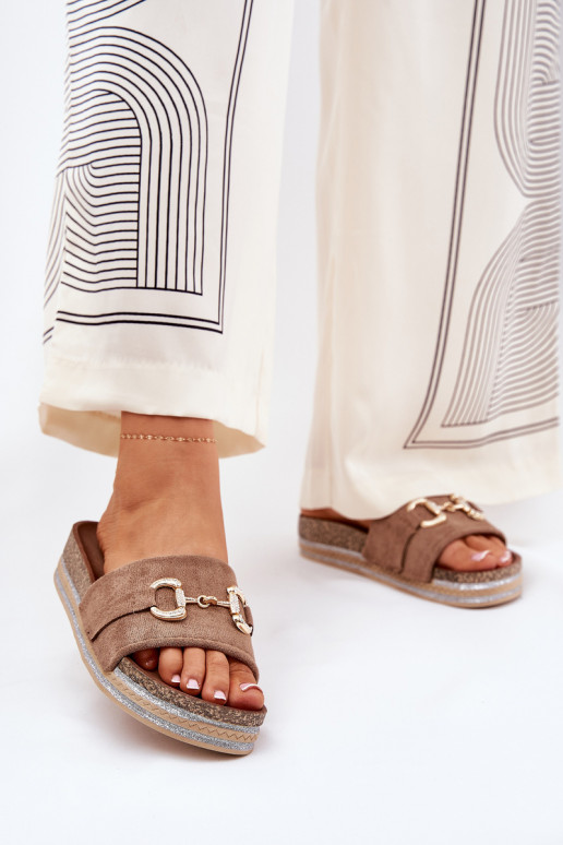 Ladies Platform Sandals With Gold Decoration And Glitter Khaki Morisela