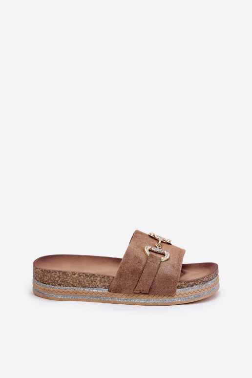 Ladies Platform Sandals With Gold Decoration And Glitter Khaki Morisela