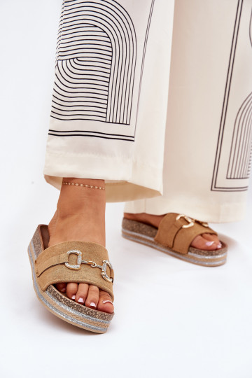 Ladies Platform Slippers With Golden Decoration And Glitter Camel Morisela