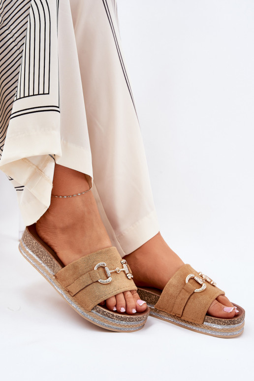 Ladies Platform Slippers With Golden Decoration And Glitter Camel Morisela
