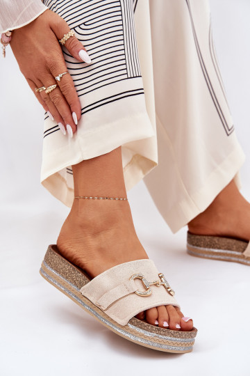 Ladies Platform Slippers With Golden Decoration And Glitter Beige Morisela