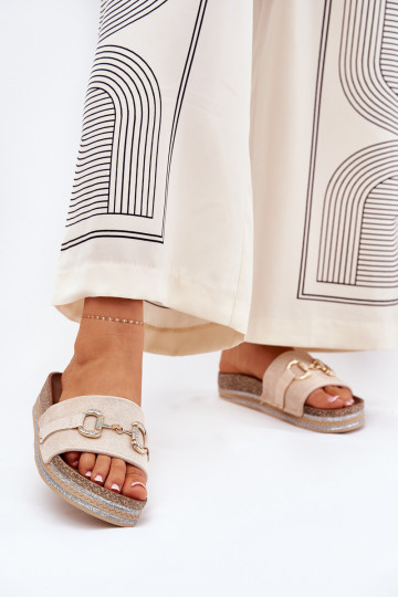 Ladies Platform Slippers With Golden Decoration And Glitter Beige Morisela 2