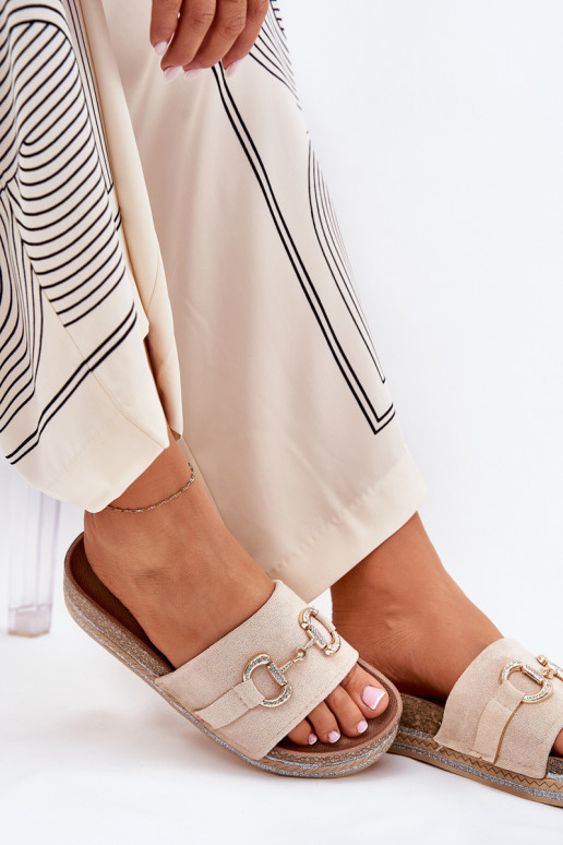 Ladies Platform Slippers With Golden Decoration And Glitter Beige Morisela