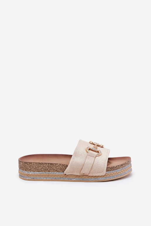 Ladies Platform Slippers With Golden Decoration And Glitter Beige Morisela