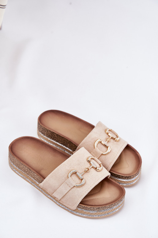 Ladies Platform Slippers With Golden Decoration And Glitter Beige Morisela