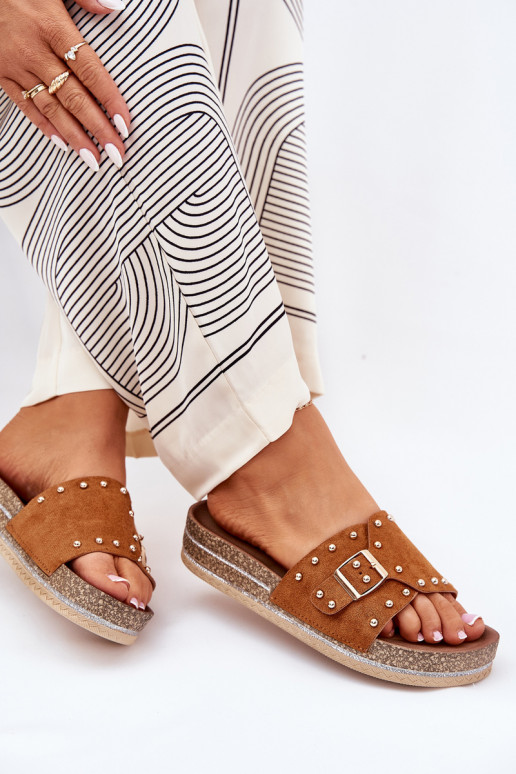 Women's Platform Slippers With Buckle And Studs Camel Nusithia
