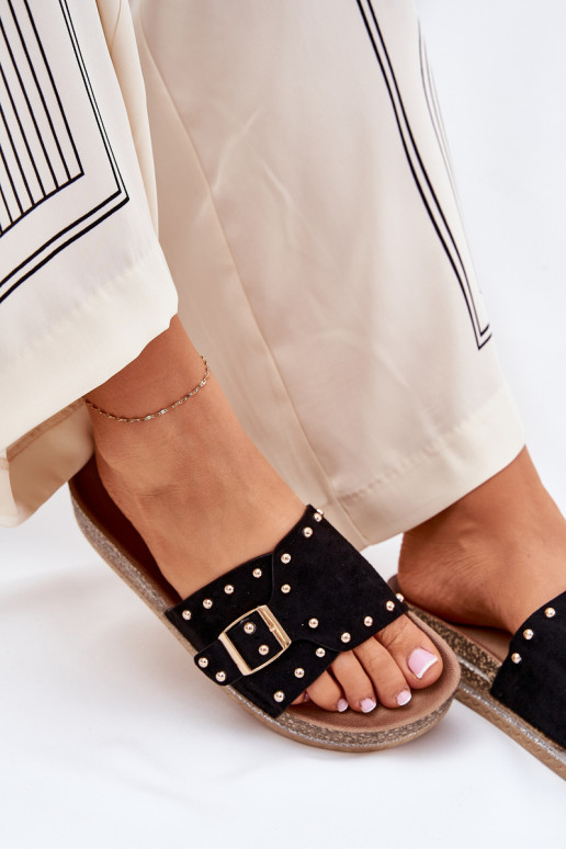 Klapki Damskie Na Platformie Z Klamrą I Ćwiekami Czarne Nusithia