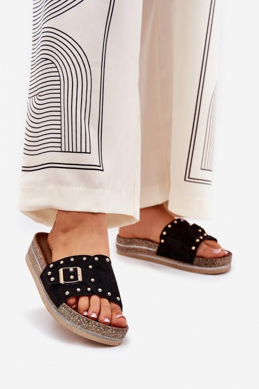 Klapki Damskie Na Platformie Z Klamrą I Ćwiekami Czarne Nusithia