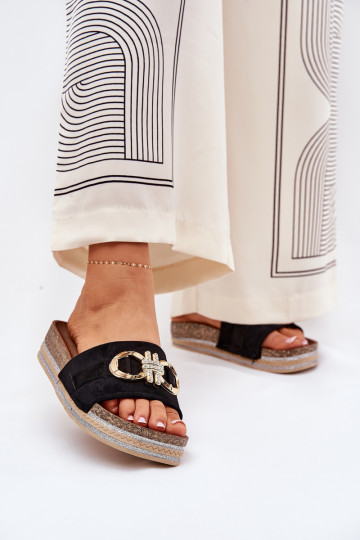 Women's Platform Sandals With Glitter And Gold Decoration Black Rilirea