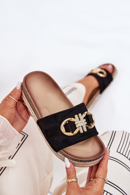 Women's Platform Sandals With Glitter And Gold Decoration Black Rilirea