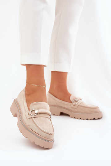 Women's Moccasins Decorated with Rhinestones Beige Patina