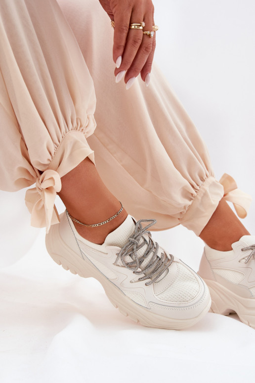 Women's Platform Sneakers with Decorative Lacing Beige Evalianne Women's Platform Sneakers with Decorative Lacing Beige Evalianne