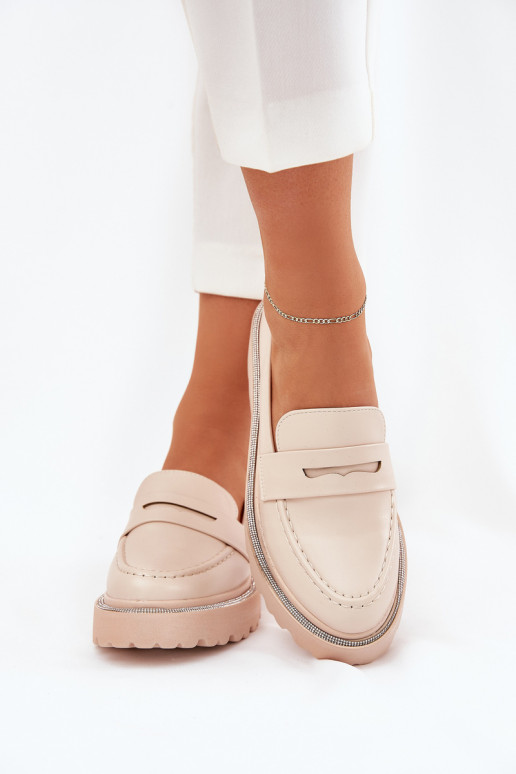Ladies Moccasins Eco Leather With Rhinestones Beige Wilamla