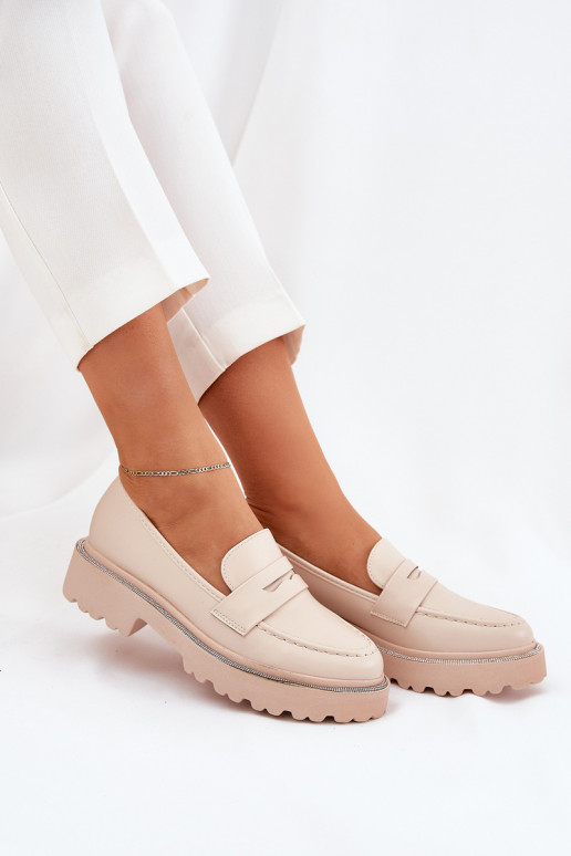 Ladies Moccasins Eco Leather With Rhinestones Beige Wilamla