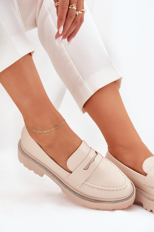 Ladies Moccasins Eco Leather With Rhinestones Beige Wilamla