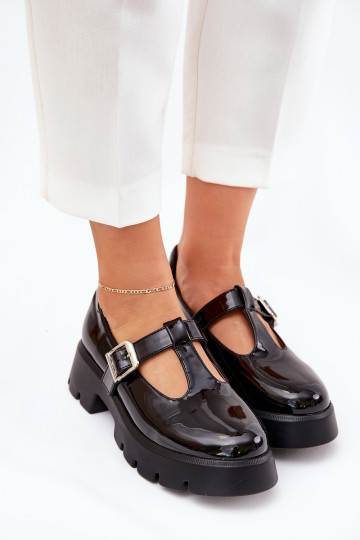 Lacquered Women's Loafers With Buckle On Platform And Flat Heel Black Venda