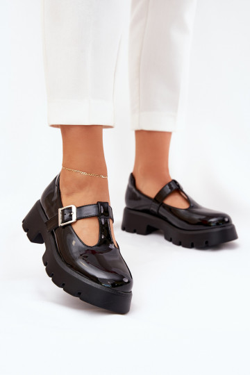 Lacquered Women's Loafers With Buckle On Platform And Flat Heel Black Venda 2