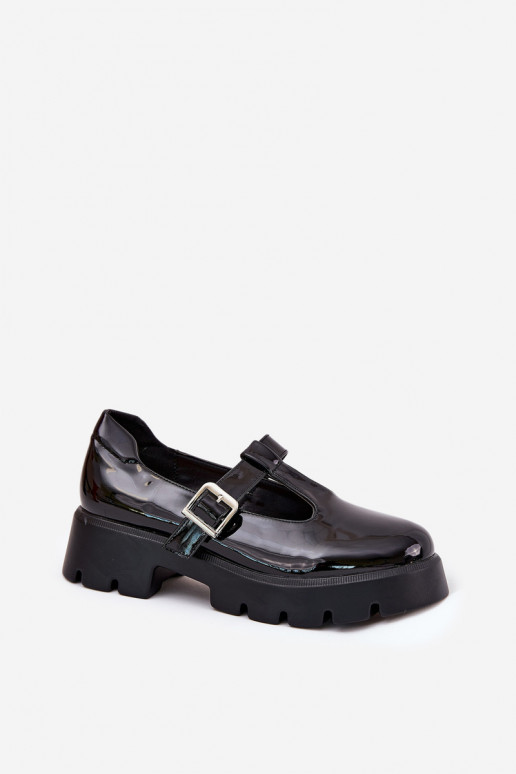 Lacquered Women's Loafers With Buckle On Platform And Flat Heel Black Venda Lacquered Women's Loafers With Buckle On Platform And Flat Heel Black Venda