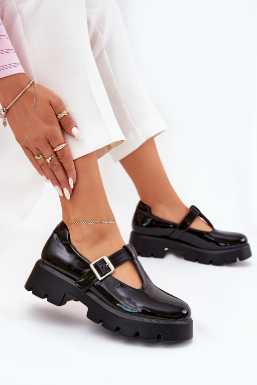 Lacquered Women's Loafers With Buckle On Platform And Flat Heel Black Venda Lacquered Women's Loafers With Buckle On Platform And Flat Heel Black Venda