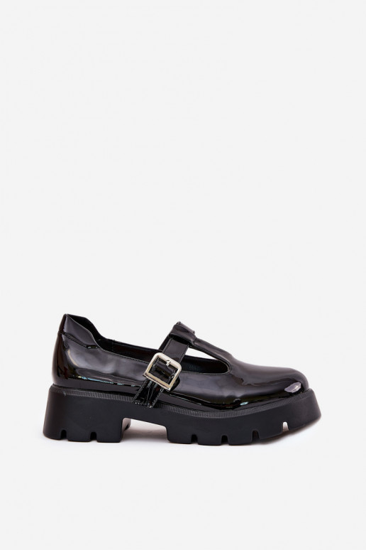Lacquered Women's Loafers With Buckle On Platform And Flat Heel Black Venda Lacquered Women's Loafers With Buckle On Platform And Flat Heel Black Venda