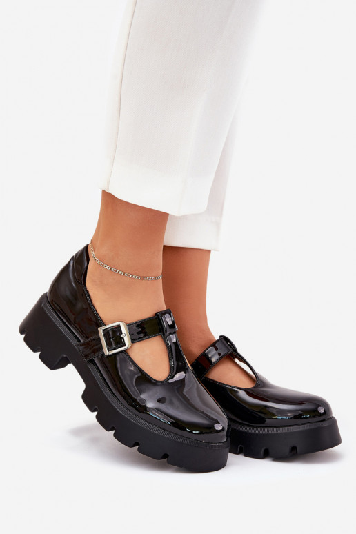 Lacquered Women's Loafers With Buckle On Platform And Flat Heel Black Venda Lacquered Women's Loafers With Buckle On Platform And Flat Heel Black Venda