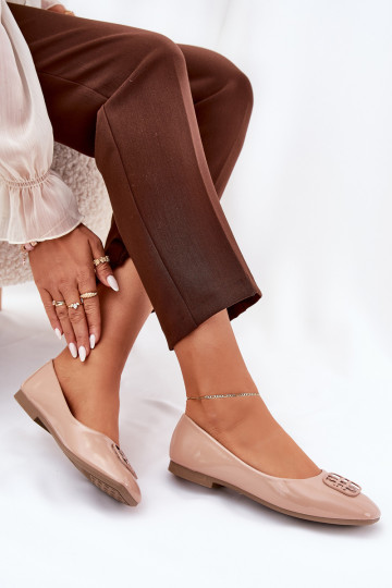 Lacquered Elegant Women's Ballet Flats With Decorative Detail Beige Vinceza 17377