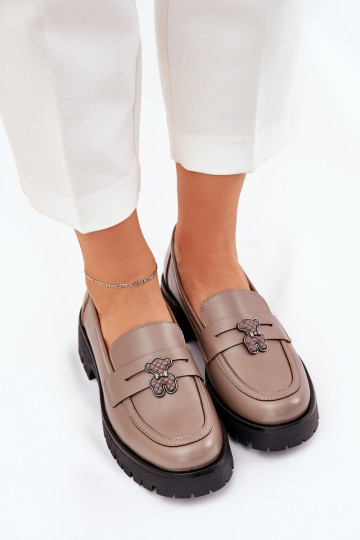 Leather Ladies Moccasins With Teddy Bear Vinceza 18109 Beige