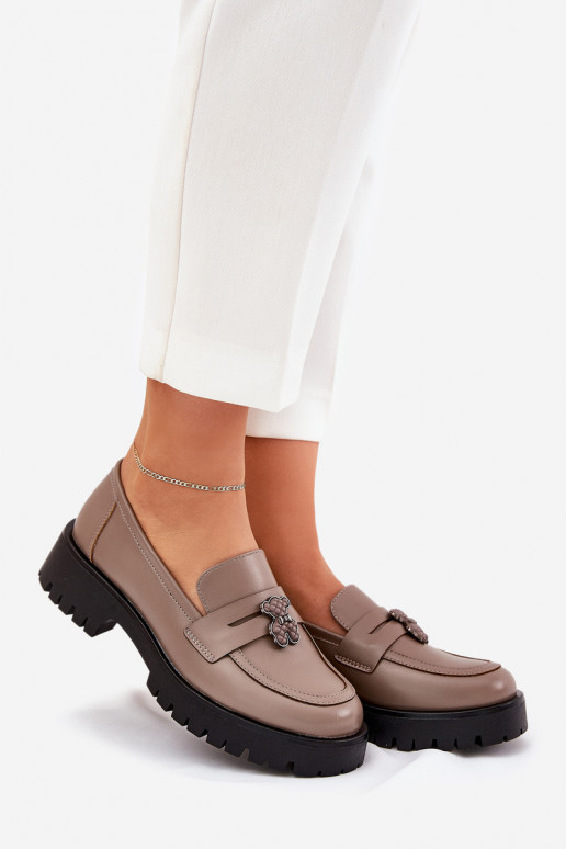 Leather Ladies Moccasins With Teddy Bear Vinceza 18109 Beige