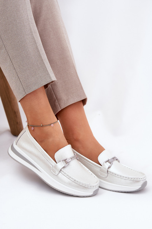 Leather Women's Moccasins With Decoration D&A LR51-966 Silver Leather Women's Moccasins With Decoration D&A LR51-966 Silver