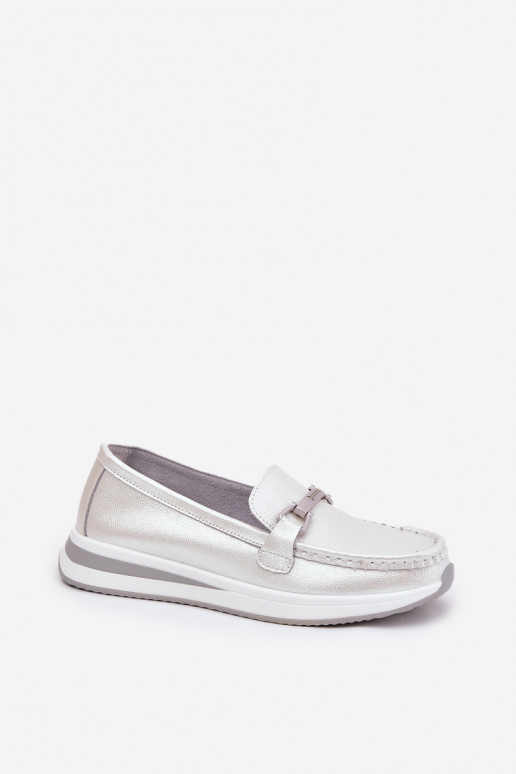 Leather Women's Moccasins With Decoration D&A LR51-966 Silver Leather Women's Moccasins With Decoration D&A LR51-966 Silver
