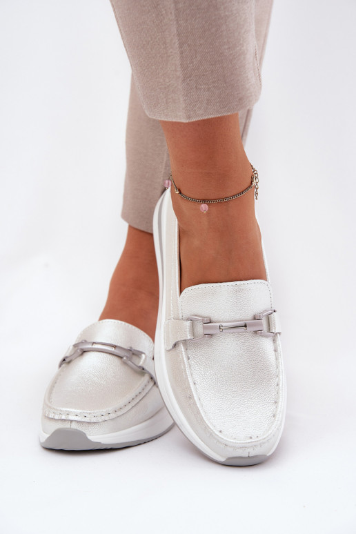 Leather Women's Moccasins With Decoration D&A LR51-966 Silver Leather Women's Moccasins With Decoration D&A LR51-966 Silver